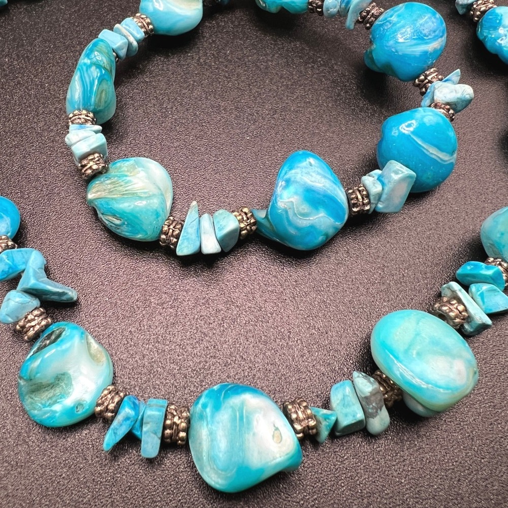 Turquoise Shell Necklace Bracelet Set Chunky Blue Silver Tone Coastal Beachy - Picture 2 of 10